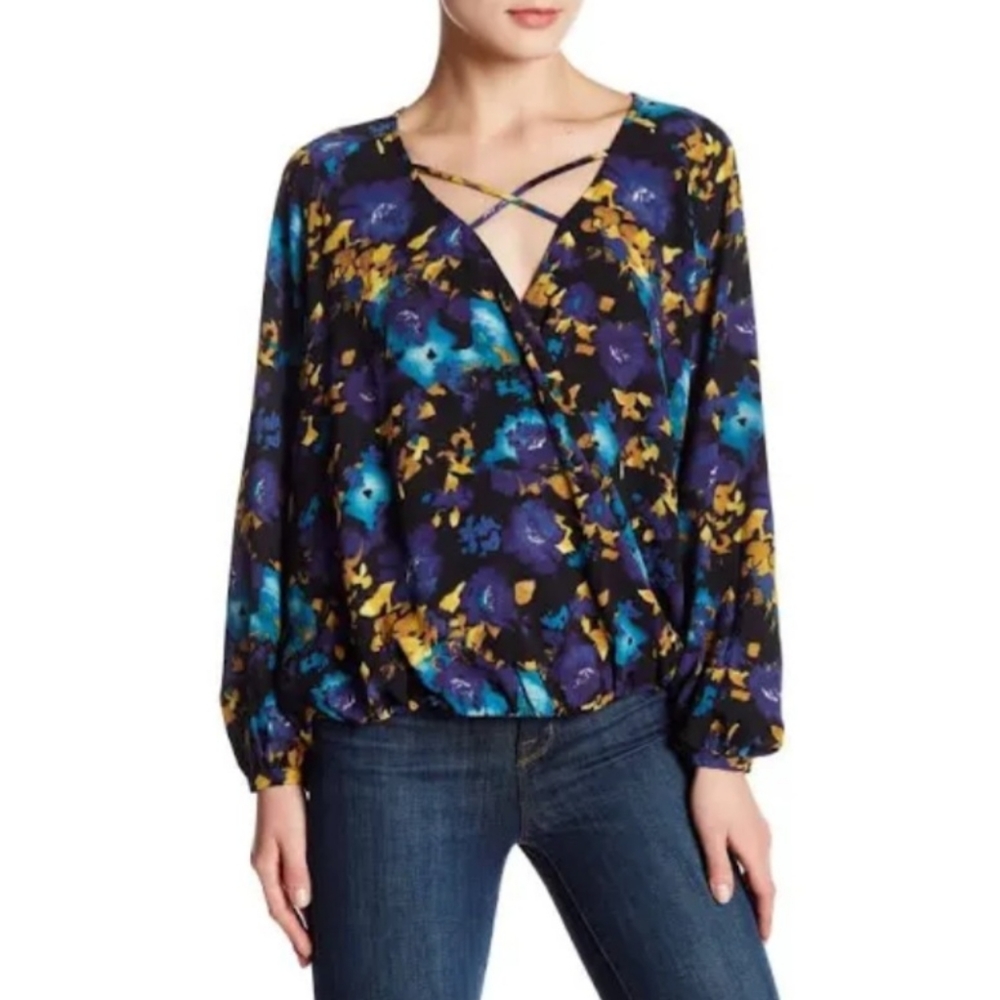 HARLOWE & GRAHAM Size Medium Black Blue Floral Caged Surplice Wrap Blouse Goth